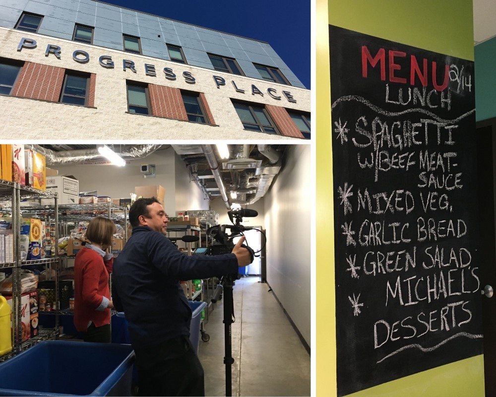 A collage of images from Shepherd's Table: on the top left - the outside of the building with the sign "Progress Place," on the left corner - a picture of the storage room of Shepherd's Table, on the right - the chalk board with the current menu.