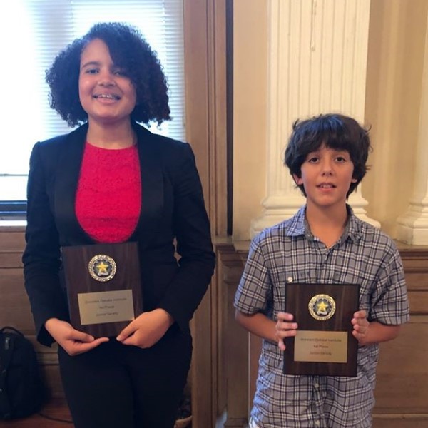 Samantha Perkins and David Sipos at the Ornstein Summer Debate Institute Summer 2019. They won first place in the JV Division despite only being in middle school