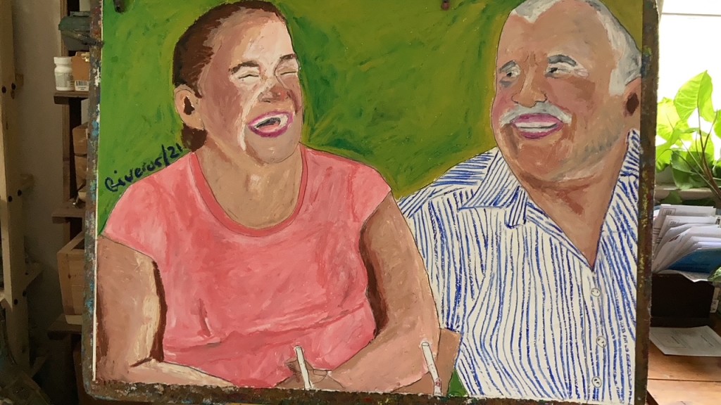 Painting of a woman wearing a pink shirt on the left laughing with an older man wearing a blue and white striped shirt on the right.
