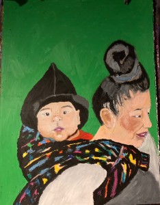 A painting with a green background depicting a mother carrying a child on her back.