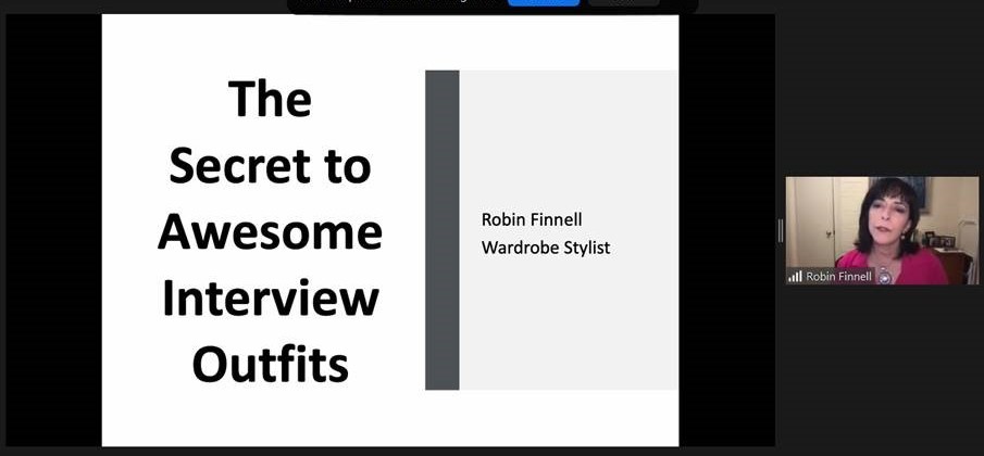 Screenshot of a person speaking next to a presentation slide that reads, "The Secret to Awesome Interview Outfits"