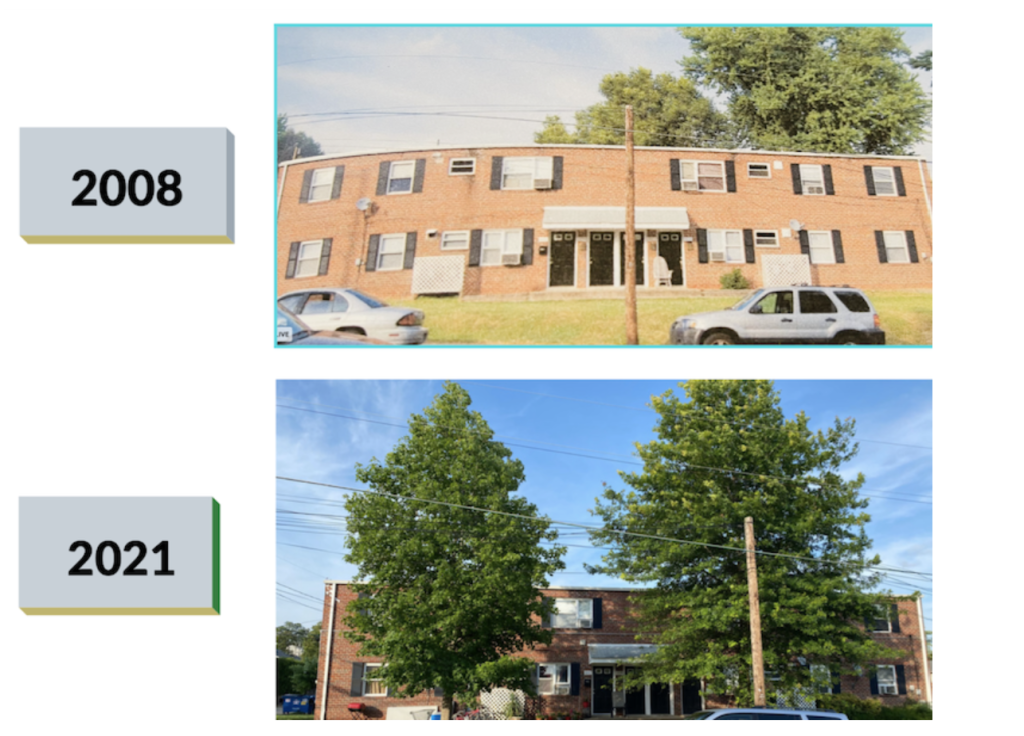 Two photos compared side-by-side with each other. The top photo was taken in 2008 and shows an apartment complex baking in the sun. The bottom photo was taken in 2021 and shows the same apartment complex, now with more shade from two huge trees planted in front of it.